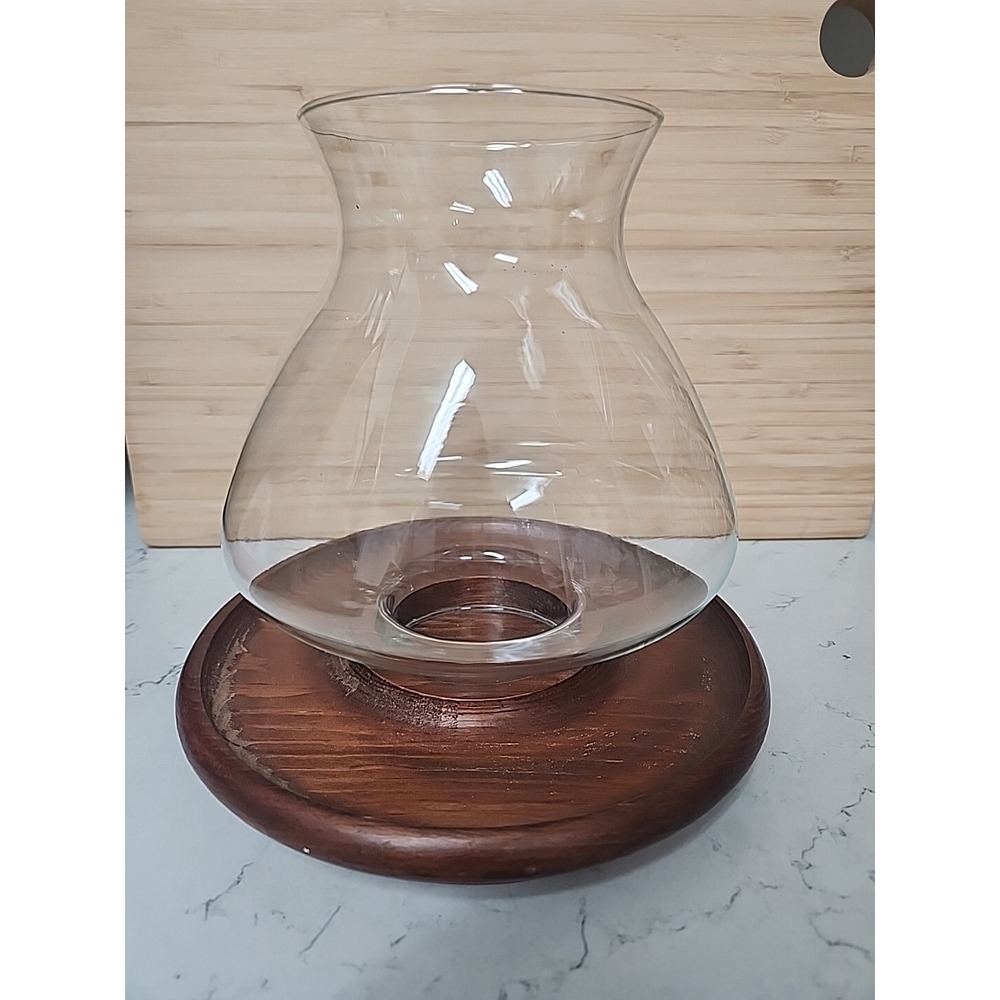 Vtg Candle Holder Cottagecore Rustic Primitive Wooden w Large Glass Hurricane 8"